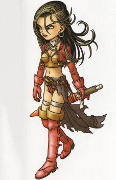 Rule 34 | 1girl, absurdres, aira (dq7), black eyes, boots, breasts, brown bustier, brown hair, bustier, cleavage, dragon quest, dragon quest vii, earrings, floating hair, full body, gloves, highres, holding, holding sword, holding weapon, hoop earrings, jacket, jewelry, knee boots, long hair, looking to the side, midriff, navel, official art, panties, red boots, red gloves, red jacket, red lips, red panties, scan, sheath, sheathed, silver earrings, silver thighlet, skindentation, solo, sword, thighlet, third-party source, toriyama akira, torn clothes, underwear, weapon, white background