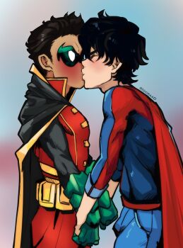 alien black_hair blush closed_eyes damian_wayne dark_skin highres holding_hands idoraad jonathan_kent kiss male_focus robin_(dc) shota superboy supersons yaoi