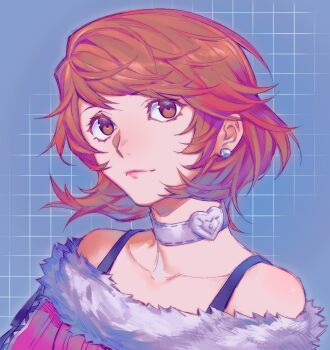 1girl bare_shoulders brown_eyes brown_hair choker closed_mouth collarbone cross-laced_clothes cross-laced_sleeves cross-laced_sweater earrings flipped_hair fur-trimmed_sweater fur_trim heart heart_choker highres jewelry looking_at_viewer off-shoulder_sweater off_shoulder official_alternate_costume pearl_earrings persona persona_3 pink_sweater ribbed_sweater short_hair solo strap stud_earrings sweater takeba_yukari tkjnbrnrt upper_body white_choker