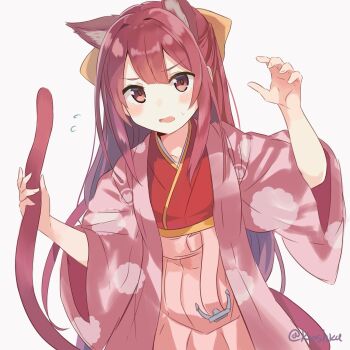 1girl animal_ears blush bow cat_ears cat_tail commentary_request flying_sweatdrops hair_bow hakama hands_up haori highres japanese_clothes kamikaze_(kancolle) kantai_collection kemonomimi_mode kimono koshka_pic long_hair long_sleeves pink_eyes pink_hair pink_hakama pink_haori red_kimono solo tail twitter_username wide_sleeves yellow_bow