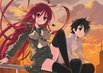 1boy 1girl alastor_(shakugan_no_shana) ito_noizi jewelry long_hair long_sleeves misaki_high_school_uniform non-web_source official_art red_hair sakai_yuuji school_uniform shakugan_no_shana shana thighhighs very_long_hair