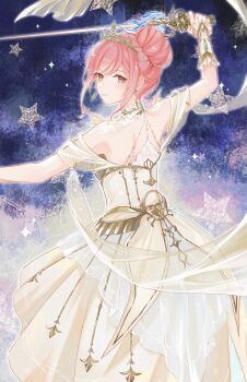 1girl absurdres armor bare_shoulders breastplate brown_eyes chinese_commentary closed_mouth collar commentary_request cowboy_shot detached_collar dress earrings frilled_arm_warmers gold_earrings gold_tiara hair_bun happy high_collar highres hotaru_gugugu infinity_nikki jewelry lace_collar light_blush lipstick looking_at_viewer looking_back makeup medium_dress melody_bloom_(infinity_nikki) night nikki_(nikki) nikki_(series) outdoors outline pink_hair pink_lips pleated_dress short_hair_with_long_locks short_sleeves shoulder_blades sidelocks single_hair_bun smile solo sparkle standing star_(symbol) tiara updo white_arm_warmers white_collar white_dress white_outline