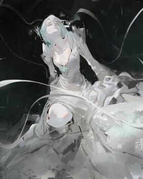 1girl absurdres bankai bleach collared_dress cryokinesis crystal_sword dress hair_ornament hakka_no_togame_(bankai) highres ice ice_crystal ice_flower japanese_clothes kanji_(nievart) kanzashi kimono kuchiki_rukia long_ribbon official_alternate_hair_color ribbon sash shihakusho shinigami solo sword transparent_weapon weapon white_kimono white_ribbon white_sash zanpakutou