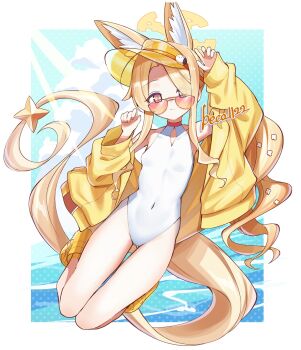 1girl animal_ear_fluff animal_ears arms_up bare_shoulders beko_(beco_1122) blonde_hair blue_archive breasts closed_mouth commentary_request covered_navel cross_halo extra_ears eyes_visible_through_hair fox_ears fox_girl fox_tail hair_over_one_eye halo hat hat_ornament highleg highleg_one-piece_swimsuit highres hip_bones jacket loli long_hair long_sleeves looking_at_viewer off_shoulder official_alternate_costume official_alternate_hairstyle one-piece_swimsuit open_clothes open_jacket orange_hat ponytail sandals seia_(blue_archive) seia_(swimsuit)_(blue_archive) shoes signature simple_background skinny small_breasts solo sunglasses swimsuit tail tail_ornament thighs very_long_hair very_long_tail visor_cap white_one-piece_swimsuit yellow_halo yellow_jacket yellow_sandals