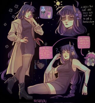 Rule 34 | 2girls, anger vein, angry, annoyed, artist name, black background, black dress, black thighhighs, blunt bangs, boots, bracelet, braid, brown coat, closed eyes, closed mouth, coat, dango milk (genshin impact), dress, english text, from side, full body, genshin impact, hair ornament, high heels, highres, jewelry, light smile, long sleeves, looking at viewer, looking to the side, multiple girls, nesuferi, off shoulder, official alternate costume, open clothes, open coat, purple eyes, purple hair, raiden shogun, raiden shogun (autumn pop-up store), russian commentary, screencap, single braid, sitting, sleeveless, sleeveless dress, smirk, solo focus, speech bubble, spoken food, standing, sunglasses, thighhighs, upper body, yae miko