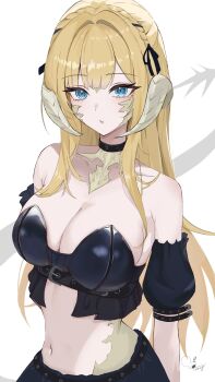 Rule 34 | 1girl, absurdres, arm belt, arms behind back, artist name, au ra, bare shoulders, belt, black belt, black choker, black skirt, blonde hair, blue eyes, braid, breasts, choker, cleavage, collarbone, commentary, crop top, crown braid, detached sleeves, dragon girl, dragon horns, dragon tail, english commentary, final fantasy, final fantasy xiv, hair intakes, highres, horns, large breasts, looking at viewer, midriff, navel, parted lips, scales, short sleeves, sidelocks, signature, simple background, skirt, solo, tail, tumugi sunohara, warrior of light (ff14), white background