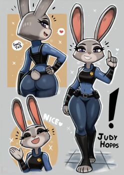 ! 1girl :3 animal animal_ears animal_hands ass belt black_belt black_boots black_vest blue_pants blue_shirt blush boots breasts closed_eyes disney from_behind furry grey_background grey_fur grin hand_on_own_hip heart index_finger_raised judy_hopps long_sleeves looking_at_viewer looking_back medium_breasts open-toe_boots open_mouth pants police police_badge police_uniform policewoman purple_eyes rabbit rabbit_ears rabbit_girl rabbit_tail shirt smile sparkle speech_bubble spoken_heart standing tail teeth thick_thighs thighs tony_welt upper_body vest walking waving wide_hips zootopia
