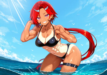 1girl abs bikini black_bikini collarbone commentary_request earrings facial_mark grin highres jewelry long_hair looking_at_viewer low_ponytail murata_taichi muscular muscular_female ocean original partially_submerged ponytail purple_eyes red_hair skindentation smile solo swimsuit tan tanline thigh_strap very_long_hair wet