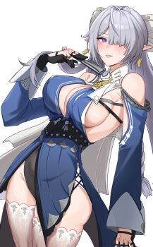 Rule 34 | 1girl, absurdres, akena (ssrr3783), ascot, bare shoulders, black gloves, blue dress, blush, breasts, clothing cutout, commentary, cowboy shot, dress, folded fan, folding fan, gloves, grey hair, hair over one eye, hand fan, hand up, highres, holding, holding fan, large breasts, long hair, looking at viewer, mole, mole under mouth, parted lips, pointy ears, purple eyes, shoulder cutout, sideboob, simple background, solo, thighhighs, velina (zenless zone zero), white background, white thighhighs, yellow ascot, zenless zone zero