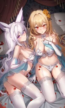 2girls absurdres animal_ear_fluff animal_ears ass bare_shoulders bed blonde_hair bra breasts choker cleavage closed_mouth commission cream_(cream) crown_hair_ornament elbow_gloves flower fox_ears from_above garter_straps gloves hair_flower hair_ornament halterneck hand_up highres lace lace-trimmed_panties lace_trim large_breasts lingerie long_hair looking_at_viewer medium_breasts multiple_girls navel okkimon on_bed open_mouth original panties petals pillow purple_eyes red_eyes ribbon_choker rose sash second-party_source see-through_clothes smile spaghetti_strap stomach strap_gap thighhighs thighs underwear underwear_only very_long_hair wavy_hair white_bra white_choker white_gloves white_hair white_panties white_thighhighs