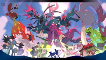 1boy area_zero blue_eyes brute_bonnet closed_mouth cyclizar day e_volution floating_scarf flutter_mane from_below heath_(pokemon) iron_bundle iron_hands_(pokemon) iron_jugulis iron_leaves iron_moth iron_thorns iron_treads iron_valiant looking_down male_focus nintendo outdoors pokemon pokemon_(creature) pokemon_sv roaring_moon sandy_shocks scarf scream_tail short_hair silhouette sky slither_wing standing walking_wake yellow_eyes