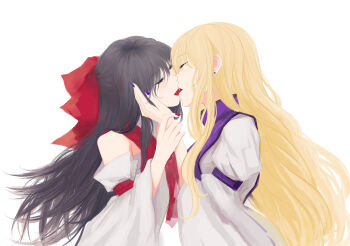 2girls blonde_hair bow brown_hair chinese_commentary closed_eyes commentary_request dress hair_bow hakurei_reimu highres kiss long_hair long_sleeves multiple_girls purple_nails purple_tabard red_bow red_nails simple_background tabard touhou very_long_hair white_background white_dress wide_sleeves wutian_buchi_yu yakumo_yukari yuri