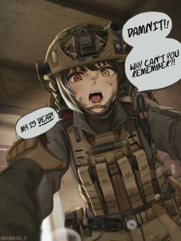 1girl abandoned ammunition_pouch amnesia angry army artist_name belt brown_hair bulletproof_vest camouflage combat_helmet dgkamikaze dirty dirty_face fang girls'_frontline glock gun handgun helmet heterochromia highres holding holding_another's_arm holster indoors jacket looking_at_viewer military military_combat_uniform military_jacket military_uniform multicolored_hair open_mouth pouch pov red_eyes ro635_(girls'_frontline) screaming signature soldier speech_bubble teeth war weapon white_hair yellow_eyes