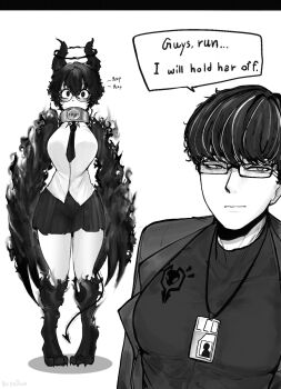 1boy 1girl black_eyes black_hair black_shirt black_skirt blush breadiwe claws coat collar commentary demon_tail digitigrade english_commentary english_text glasses greyscale guys_run!_i_will_hold_her_off_(meme) halo highres horns id_card limbus_company meme monochrome multicolored_hair necktie procuration_(e.g.o) project_moon round_eyewear shirt simple_background skirt sora_(project_moon) speech_bubble streaked_hair tail vespa_crabro white_background white_shirt