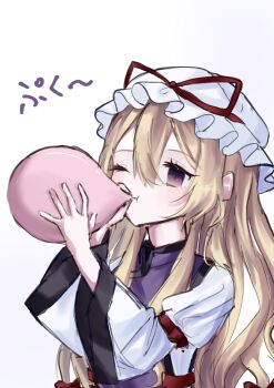 Rule 34 | 1girl, balloon, blush, bow, commentary, dress, hair between eyes, hair bow, hat, hat ribbon, highres, holding, holding balloon, juliet sleeves, long hair, long sleeves, mob cap, multiple hair bows, one eye closed, puffy sleeves, purple eyes, purple tabard, red bow, red ribbon, ribbon, sleeve garter, solo, spica0831mint, tabard, touhou, translation request, white background, white dress, white hat, wide sleeves, yakumo yukari