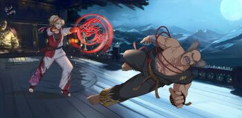 Rule 34 | 1boy, 1girl, autumn-sacura, balding, black hair, black pants, blonde hair, blue eyes, dougi, facial hair, fingerless gloves, gloves, grey hair, hairband, headband, highres, karate, karate gi, lidia sobieska, martial arts belt, mishima heihachi, moon, mountain, muscular, mustache, old, old man, pants, polish text, ponytail, punching, raised fist, red hairband, red headband, red tank top, scar, scar across eye, scar on face, smile, studded gloves, tank top, tekken, tekken 8, thick eyebrows, v-shaped eyebrows