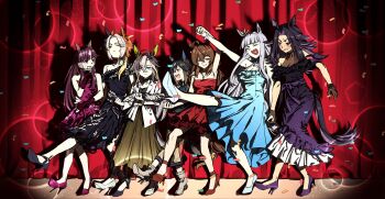 6+girls absurdres black_shoes blonde_hair blue_dress blunt_bangs breasts brown_dress brown_hair cleavage commentary confetti curtains dream_journey_(umamusume) dress expressionless fenomeno_(umamusume) frilled_dress frills full_body gold_ship_(umamusume) grey_shoes hair_flaps hashtag-only_commentary high_heels highres holding_hands horse_girl horse_tail jacket kekkai_sensen leg_up long_hair long_sidelocks looking_at_another lucky_lilac_(umamusume) multicolored_hair multiple_girls nakayama_festa_(umamusume) off-shoulder_dress off_shoulder one_eye_closed open_mouth orange_hair orfevre_(umamusume) parted_bangs pink_shoes ponytail purple_dress purple_hair purple_shoes red_dress red_shoes shoes short_hair sidelocks sleeveless sleeveless_dress smile stage_lights standing stay_gold_(umamusume) stay_gold_clan_(umamusume) sugar_song_and_bitter_step sweatdrop symbol-only_commentary tail umagamja umamusume white_hair white_jacket