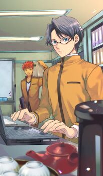 2boys arm_up black-framed_eyewear black_hair blue_eyes brown_eyes brown_jacket carrying_over_shoulder closed_mouth collarbone commentary computer dutch_angle emiya_shirou fate/grand_order fate/stay_night fate_(series) glasses high_collar holding homurabara_academy_school_uniform indoors jacket laptop long_sleeves male_focus mgk968 multiple_boys official_art open_mouth orange_hair partially_open_jacket ryuudou_issei school school_uniform serious shirt short_hair side_handle_teapot sitting smile solo_focus spiked_hair standing teapot third-party_source typing upper_body v-neck white_shirt whiteboard