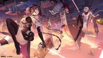 2boys 2girls absurdres arm_warmers backless_coat bare_shoulders black_arm_warmers black_boots black_gloves black_leotard black_pants black_shoes bob_cut boots breasts cathedral church cloud coat copyright_name copyright_notice detached_collar elbow_gloves energy_sword eyewear_on_head falling florence_(city) florence_cathedral gloves hair_ornament hair_over_one_eye high_heel_boots high_heels highres holding holding_sword holding_weapon janus_(xinyue_tongxing) large_breasts leotard lightsaber logo multiple_boys multiple_girls nun nun_headdress official_art official_wallpaper one_eye_covered pants plate purple_hair red_lightsaber red_sky red_veil round_table shirt shoes short_hair single_arm_warmer sky sleeveless sleeveless_coat spaghetti_strap sunglasses sword table tablecloth thigh_boots toned toned_male unworn_ring upside-down_background upside-down_world veil vest weapon white_hair white_shirt xinyue_tongxing yellow_eyes yuren_(xinyue_tongxing)