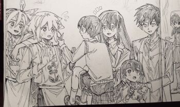 Rule 34 | ..., 3girls, 4boys, absurdres, alternate costume, apron, arm on another's shoulder, aubrey (faraway) (omori), aubrey (omori), basil (faraway) (omori), basil (omori), brother and sister, brothers, chinese commentary, collared shirt, commentary request, double-parted bangs, dual persona, genderswap, genderswap (mtf), greyscale, hair between eyes, hairband, hand on another's shoulder, hero (faraway) (omori), hero (omori), highres, kel (faraway) (omori), kel (omori), knife, long hair, long sleeves, looking at another, low twintails, mari (faraway) (omori), mari (omori), monochrome, moonskysoon, multiple boys, multiple girls, omori, omori (omori), open mouth, pants, pleated skirt, shirt, shoes, short hair, short twintails, shorts, siblings, sidelocks, skirt, socks, spoken ellipsis, sunny (omori), sweater vest, teeth, traditional media, twintails, upper teeth only