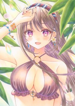 1girl absurdres arm_up bikini blush bracelet breasts choppy_bangs earrings fingernails flower_earrings frilled_bikini frills grey_bikini grey_hair hairband highres hoop_earrings jewelry large_breasts long_hair looking_at_viewer marker_(medium) nail_polish o-ring o-ring_bikini open_mouth original osumi_izumi pink_nails purple_eyes smile solo straight_hair swimsuit traditional_media upper_body