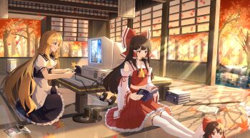 2girls :q absurdres apron ascot autumn_leaves black_bow black_shoes black_skirt blonde_hair book bow braid brown_eyes brown_hair cd chinese_commentary commentary_request computer_keyboard controller crt cup detached_sleeves food food_in_mouth frilled_bow frilled_hair_tubes frilled_skirt frills game_controller gohei green_tea hair_bow hair_tubes hakurei_reimu hat highres holding holding_book holding_controller holding_game_controller kirisame_marisa kneehighs leaf long_hair mary_janes mouth_hold multiple_girls no_headwear open_book playing_games puffy_short_sleeves puffy_sleeves reading red_bow red_skirt ribbon-trimmed_sleeves ribbon-trimmed_thighhighs ribbon_trim sdftehn senbei shoes short_sleeves side_braid single_braid sitting skirt skirt_set smile socks tatami tea thighhighs tongue tongue_out touhou tray tree unworn_hat unworn_headwear very_long_hair waist_apron white_socks white_thighhighs yellow_ascot yellow_eyes yukkuri_shiteitte_ne yunomi