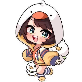 :d animal_slippers bird bird_hood chibi commentary duck duck_hood duck_slippers english_commentary full_body highres hololive hood hood_up hoodie jacket jadea5124 loungewear multicolored_jacket official_alternate_costume oozora_subaru oozora_subaru_(loungewear) open_mouth slippers smile socks striped_clothes striped_sleeves striped_socks subatomo_(oozora_subaru) swept_bangs teeth upper_teeth_only virtual_youtuber yellow_jacket