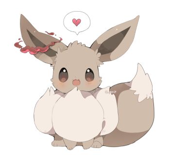 Rule 34 | alternate color, animal, animal focus, blush, brown eyes, dynamax, eevee, fluffy, full body, gen 1 pokemon, gigantamax, gigantamax eevee, heart, highres, looking at viewer, neck fur, nintendo, no humans, open mouth, oversized animal, pokemon, pokemon (creature), pokemon focus, red clouds, shiny pokemon, shirasuame shiromaru, simple background, smile, speech bubble, white background