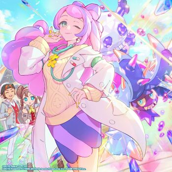 1boy 2girls beanie black_headband blue_eyes blue_sclera blue_sky blush breasts brendan_(academy)_(pokemon) brendan_(pokemon) brown_hair closed_eyes closed_mouth cloud coat collared_shirt colored_sclera commentary company_name copyright_name copyright_notice crystal donut_hair_bun double_bun earrings english_commentary fangs flower flower_earrings gen_7_pokemon green_eyes grey_jacket hair_bun hat headband highres ichiko_milk_tei jacket jewelry lab_coat long_hair long_sleeves looking_at_viewer miriam_(pokemon) multicolored_hair multiple_girls neckerchief nintendo off-shoulder_sweater off_shoulder official_alternate_costume official_art one_eye_closed open_clothes open_coat open_jacket open_mouth outdoors pants pencil_skirt pink_hair pokemon pokemon_(creature) pokemon_masters_ex pokemon_sv purple_hair red_vest rosa_(academy)_(pokemon) rosa_(pokemon) school_nurse school_uniform second-party_source sharp_teeth shirt shoes short_hair skirt skull_and_crossbones sky smile socks spikes star-shaped_pupils star_(symbol) stethoscope streaked_hair striped_clothes striped_skirt sweater swept_bangs symbol-shaped_pupils teeth terastallization toxapex twintails vest white_hat white_pants white_shirt white_skirt white_socks yellow_neckerchief yellow_sclera yellow_sweater