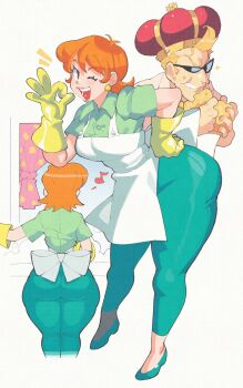 1boy 1girl absurdres apron ass bow crown dad_(dexter&#039;s_laboratory) dexter&#039;s_laboratory earrings food from_behind full_body glass gloves green_shirt hand_on_own_hip hand_up highres holding holding_food inkerton-kun jewelry looking_at_another looking_at_viewer mom_(dexter&#039;s_laboratory) musical_note ok_sign one_eye_closed open_mouth shirt simple_background smile sparkle thick_thighs thighs white_apron white_bow wide_hips yellow_gloves