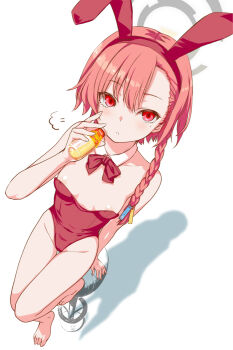 1girl animal_ear_hairband animal_ears areola_slip barefoot blue_archive bottle bowtie braid breasts cameltoe cleavage detached_collar fake_animal_ears from_above hair_ornament hairband halo holding holding_bottle kooriyama_azuki leotard long_hair mole_under_each_eye mole_under_eye multiple_moles neru_(blue_archive) neru_(bunny)_(blue_archive) on_stool orange_hair playboy_bunny rabbit_ear_hairband rabbit_ears red_bow red_bowtie red_eyes red_hairband red_leotard shadow side_braid sitting small_breasts solo stool thigh_gap white_background