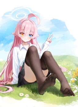 1girl blue_archive blue_eyes blush feet full_body heterochromia highres hoshino_(blue_archive) loli long_hair looking_at_viewer outdoors pink_hair see-through_clothes see-through_legwear smile soles solo stocking toes toki913710 v yellow_eyes