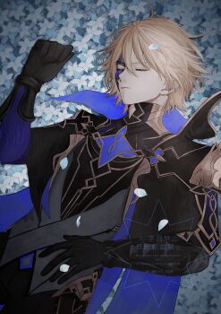 1boy absurdres black_gloves blonde_hair cape closed_eyes closed_mouth dainsleif_(genshin_impact) flower flower_bed from_above genshin_impact gloves highres krts_000 long_sleeves lying on_back solo