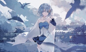 1girl armlet bare_shoulders belt bird blue_belt blue_eyes blue_gemstone blue_hair blue_shirt blue_skirt blue_sky blue_sleeves blue_theme cape chinese_commentary closed_mouth clothing_cutout cloud collared_cape commentary_request cowboy_shot day detached_sleeves dock expressionless floating_cape fortissimo frilled_shirt frills gem gloves hair_between_eyes hair_ornament hairclip hand_in_own_hair high_collar highres jewelry layla_836829767 long_sleeves loose_hair_strand magical_girl mahou_shoujo_madoka_magica mahou_shoujo_madoka_magica_(anime) miki_sayaka miniskirt musical_note musical_note_hair_ornament ocean outdoors pleated_skirt reflection reflective_liquid shirt short_hair skirt sky solo standing stomach_cutout stomach_jewel strapless strapless_shirt thighhighs two-tone_shirt white_cape white_gloves white_shirt white_thighhighs