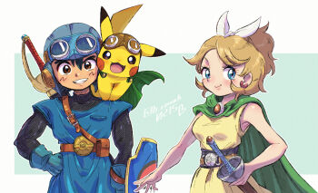 1boy 1girl ash_ketchum aviator_cap aviator_goggles belt belt_pouch black_hair blonde_hair blue_eyes blue_gloves blue_hat blue_tunic breasts cape commentary_request cosplay dragon_quest dragon_quest_ii dress gen_1_pokemon gloves goggles goggles_on_head goggles_on_headwear green_cape grin h_renah hair_ribbon hand_on_own_hip hat holding holding_shield nintendo pikachu pokemon pokemon_(anime) pokemon_(creature) pouch prince_of_lorasia prince_of_lorasia_(cosplay) princess_of_samantoria princess_of_samantoria_(cosplay) rapier ribbon serena_(pokemon) sheath sheathed shield short_hair small_breasts smile sword sword_on_back tunic upper_body weapon weapon_on_back yellow_dress