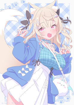 1girl absurdres animal_ears blue_choker blue_jacket blue_nails blue_shirt blue_streaks choker commentary_request dog_ears dog_girl dog_tail fuwawa_abyssgard fuwawa_abyssgard_(casual) hair_ornament hairpin highres hinata_hirune hololive hololive_english jacket looking_at_viewer multicolored_hair nail_polish official_alternate_costume open_mouth shirt skirt smile solo streaked_hair tail virtual_youtuber white_skirt x_hair_ornament