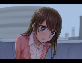Rule 34 | 1girl, :d, blue eyes, brown hair, collared shirt, commentary request, earrings, heart, heart-shaped pupils, highres, jacket, jewelry, letterboxed, long hair, office lady, open mouth, original, pink jacket, setu kurokawa, shirt, smile, solo, symbol-shaped pupils, tongue, white shirt
