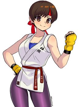 1girl breasts brown_eyes brown_hair hairband large_breasts leggings looking_at_viewer nanosstyle pale_skin pants skirt smile smiley_face the_king_of_fighters thick_thighs thighs yoga_pants yuri_sakazaki