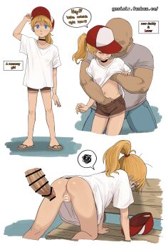 1boy 1girl absurdres anus ass bench blonde_hair blue_eyes censored english_text erection gnsisir groping hat highres imminent_penetration inside_out inside_out_2 loli looking_back navel penis pussy riley_andersen shirt shorts