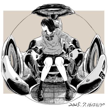 1girl artist_name border bow bowtie canopy_(aircraft) closed_mouth cockpit collared_shirt commentary cream_background dated earrings full_body greyscale_with_colored_background hari_tabo42 highres jewelry knees_together_feet_apart loafers long_hair looking_to_the_side original outside_border pleated_skirt school_uniform science_fiction shirt shoes signature sitting skirt socks solo stud_earrings sweater turning_head white_border