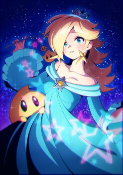 Rule 34 | 1girl, absurdres, aqua dress, blonde hair, blue eyes, brooch, chromatic aberration, crown, dress, earrings, hair over one eye, highres, jewelry, komekome chonpa, luma (mario), mario (series), nintendo, off shoulder, rosalina, sky, star (sky), star (symbol), star brooch, star earrings, star wand, starry background, starry sky, super mario galaxy
