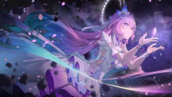 Rule 34 | 1girl, astral express (honkai: star rail), breasts, caisena, chinese commentary, closed mouth, commentary request, cyrene (demiurge) (honkai: star rail), cyrene (honkai: star rail), dress, flower, gem, gradient hair, hair flower, hair ornament, halo, halo behind head, hands up, highres, honkai: star rail, honkai (series), long hair, medium breasts, multicolored hair, pink hair, purple eyes, purple flower, purple rose, rose, signature, smile, solo, veil, white dress, white veil