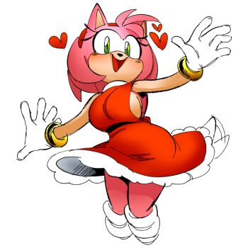 amy_rose animation_sensation arms_up blush bracelet breasts dress gloves gold_bracelet green_eyes hairband heart jewelry large_breasts long_eyelashes looking_at_viewer looking_down open_mouth pink_fur pink_hair red_hairband short_dress short_hair sideboob simple_background smile sonic_(series) tail white_background white_gloves wide_hips