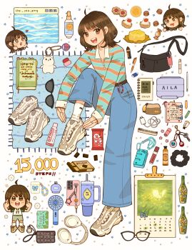 17aila 1girl absurdly_detailed_composition absurdres ahoge bag bag_charm belt_charm blanket book bottle brown_eyes brown_hair calendar_(object) candy cellphone cellphone_charm charger charm_(object) chibi chibi_inset chocolate chocolate_bar clutch_purse collared_shirt comb commentary cookie cosmetics denim dessert earbuds_charging_case english_commentary english_text eraser food fork full_body glasses handbag handheld_electric_fan headphones highres jeans key kitkat knife lip_balm looking_at_viewer makeup makeup_palette medium_hair notebook open_mouth original pants perfume_bottle phone scrunchie shirt shoes shoulder_bag sleeve_cuffs sleeves_past_wrists smartphone smile sneakers socks standing standing_on_one_leg striped_clothes striped_shirt stylus sunglasses tablet_pc taiko_no_tatsujin thumbprint_cookie unworn_eyewear wada_katsu water_bottle wrapped_candy