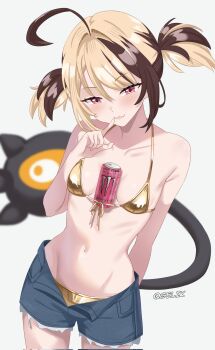 Rule 34 | 1girl, ahoge, alternate costume, bikini, bikini bottom under shorts, bikini under clothes, blonde hair, breasts, brown hair, can between breasts, commentary, denim, denim shorts, energy drink, gelik, gigi murin, gold bikini, highres, hololive, hololive english, looking at viewer, monster energy, multicolored hair, navel, pink eyes, shorts, simple background, small breasts, solo, swimsuit, tail, twintails, two-tone hair, untranslatable commentary, virtual youtuber, white background