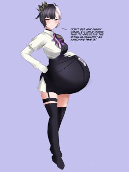 1girl ahoge androgynous big_belly black_hair blue_eyes crown english_text hand_on_own_hip hand_on_own_stomach heterochromia indie_virtual_youtuber light_blush multicolored_hair pregnant red_eyes ribbed_shirt ribbon rin_penrose sarawa_kotoku shirt short_hair simple_background speech_bubble thighhighs virtual_youtuber white_hair