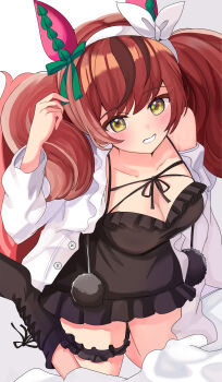 1girl animal_ears black_boots black_dress blush boots breasts cleavage commentary dress ear_covers grin hairband hanamura_pink highres horse_ears horse_girl jacket kneeling large_breasts nice_nature_(umamusume) open_clothes open_jacket red_hair smile solo twintails umamusume white_hairband white_jacket yellow_eyes