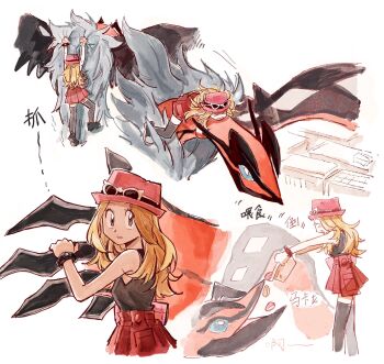 &gt;_&lt; 1girl 79x_(ox79xo) basket black_shirt black_thighhighs blonde_hair blue_eyes breasts claws climbing closed_eyes closed_mouth eyewear_on_headwear feeding flying food gen_6_pokemon grey_eyes grey_fur hat highres holding holding_basket holding_poke_ball horns legendary_pokemon long_hair macaron mega_ring nintendo open_mouth pink_hat poke_ball pokemon pokemon_(creature) pokemon_xy red_hat red_skirt riding riding_pokemon serena_(pokemon) shirt skirt sleeveless sleeveless_shirt smile sunglasses thighhighs white-framed_eyewear wings yveltal