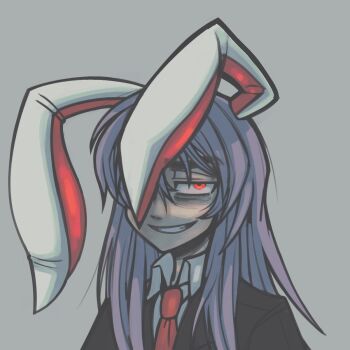 Rule 34 | 1girl, animal ears, formal clothes, grey background, hair over one eye, highres, looking at viewer, necktie, purple hair, rabbit ears, rabbit girl, red eyes, reisen udongein inaba, solo, solo focus, suit, touhou, vaikazz