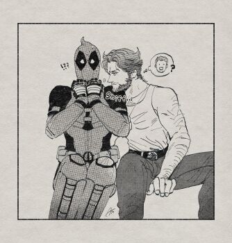 !? 2boys ? absurdres arm_hair azuko_(@zuco) belt bodysuit chest_hair commentary deadpool deadpool_(series) dog_tags facial_hair gloves highres looking_at_another male_focus marvel mask monochrome multiple_boys muscular muscular_male pants short_hair sitting smelling spoken_character superhero_costume sweatdrop symbol-only_commentary tank_top wolverine_(x-men) x-men x-men_film_series x-men_origins:_wolverine yaoi